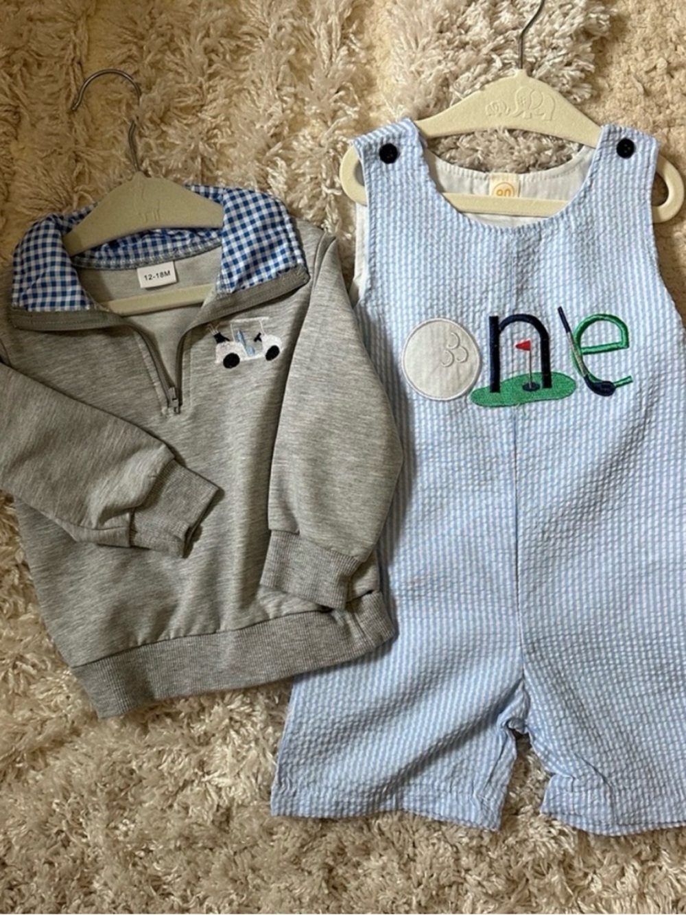 Blue Seersucker 'One' Golf Baby Outfit + Gray Pullover Hoodie Set